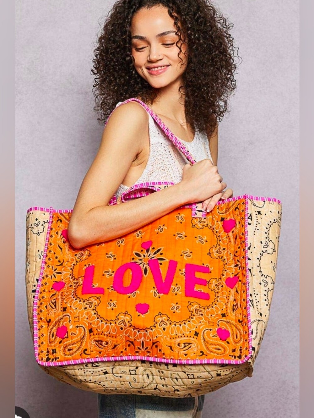 POL LOVE Bandana Quilted Tote Bag Textured Print In Orange/Pink Large NWT $98